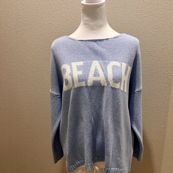 "BEACH" Knit Pullover Sweater โ Soft Blue โ (Fits Like M/L) - Picture 1 of 4
